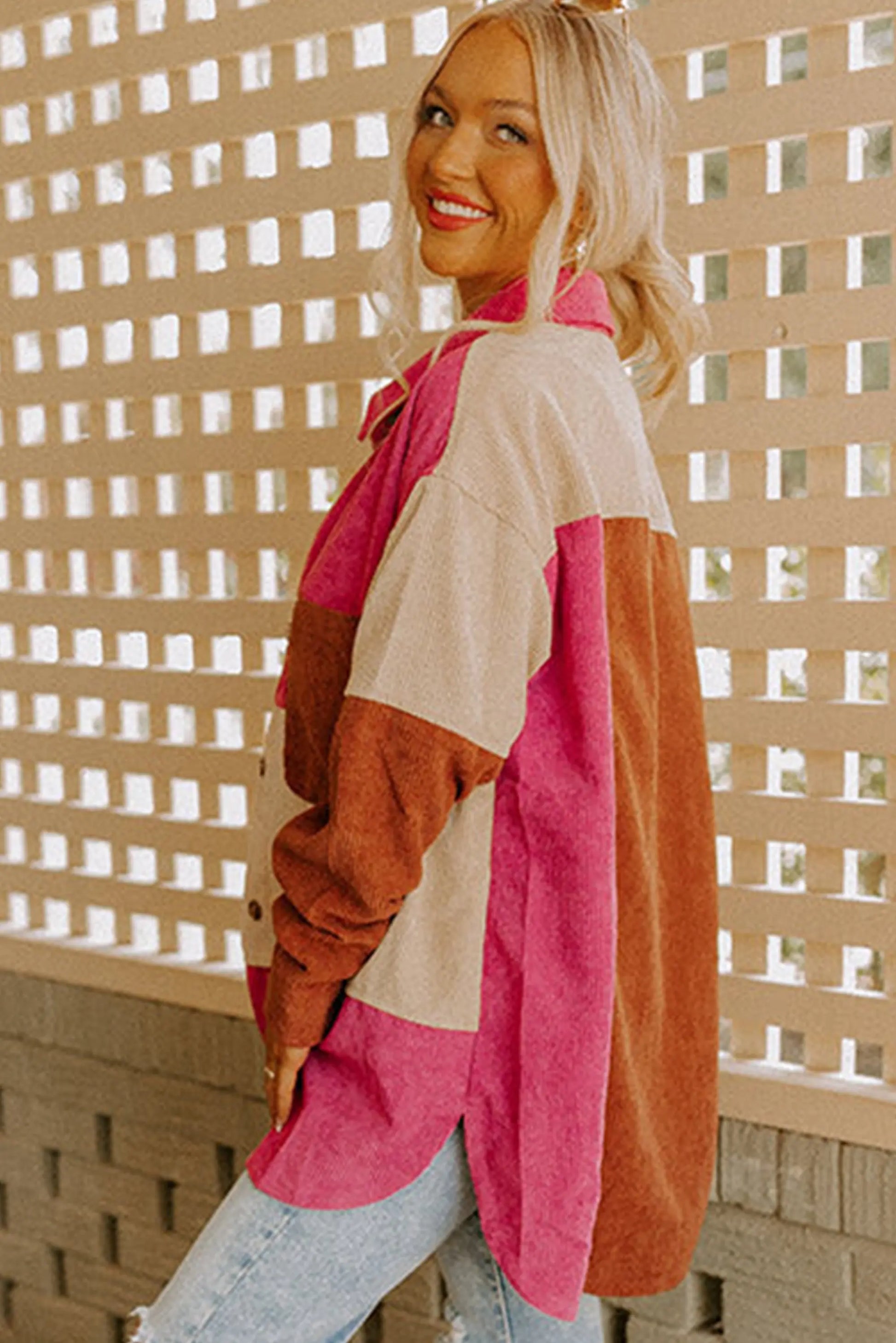 Rose Red Colourblock Curved Hem Corduroy Shacket with Pocket - eAura