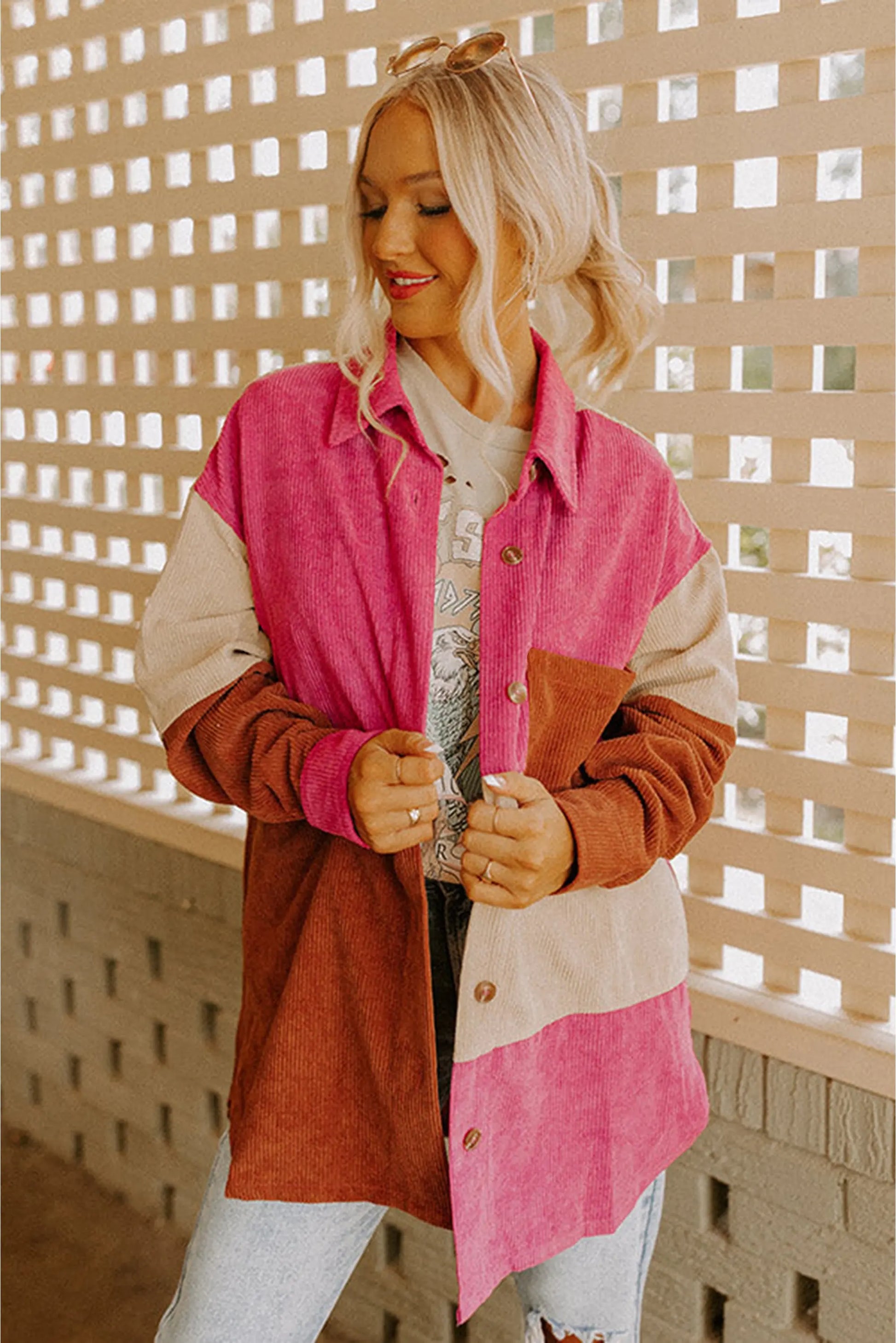 Rose Red Colourblock Curved Hem Corduroy Shacket with Pocket - eAura