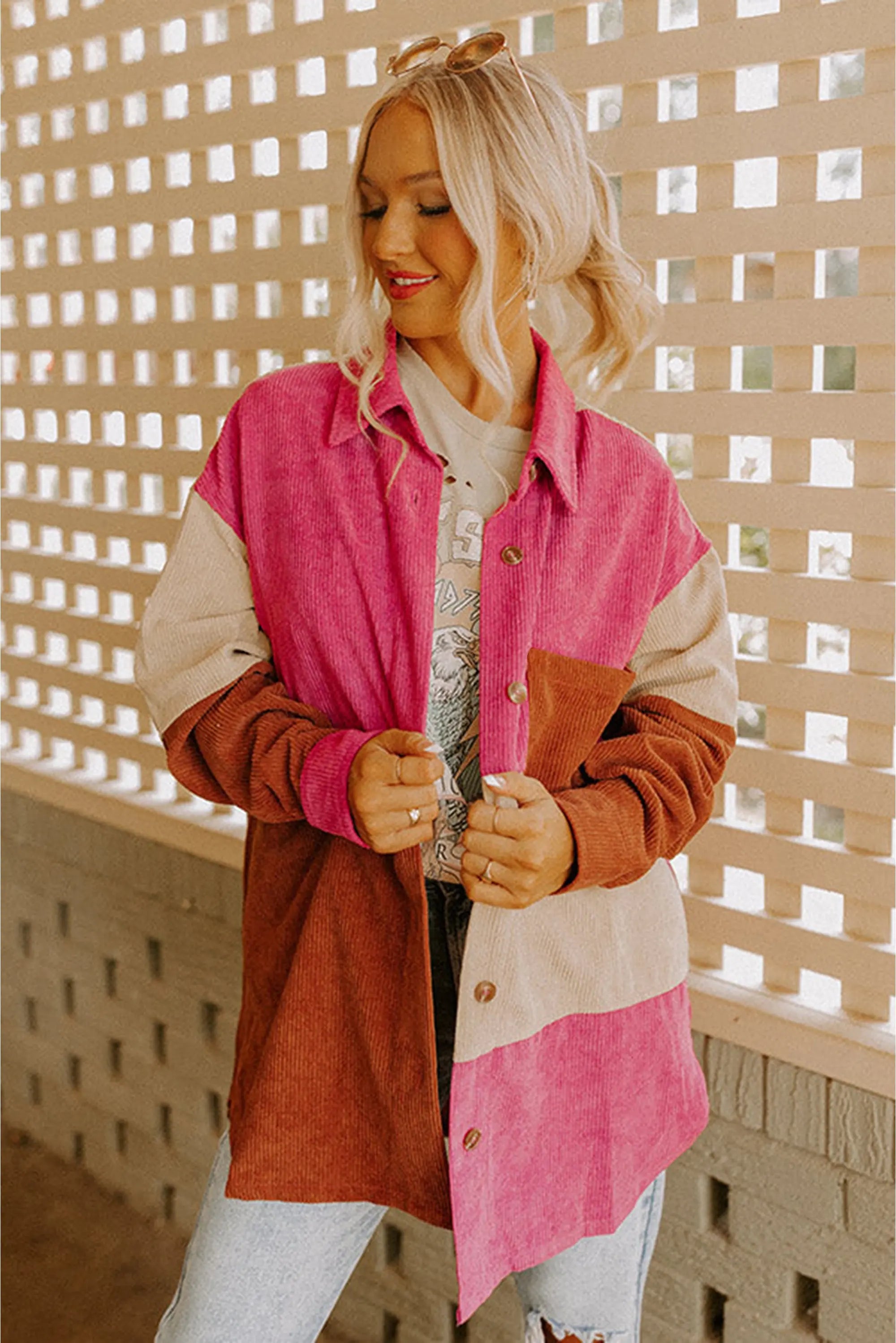 Rose Red Colourblock Curved Hem Corduroy Shacket with Pocket - eAura