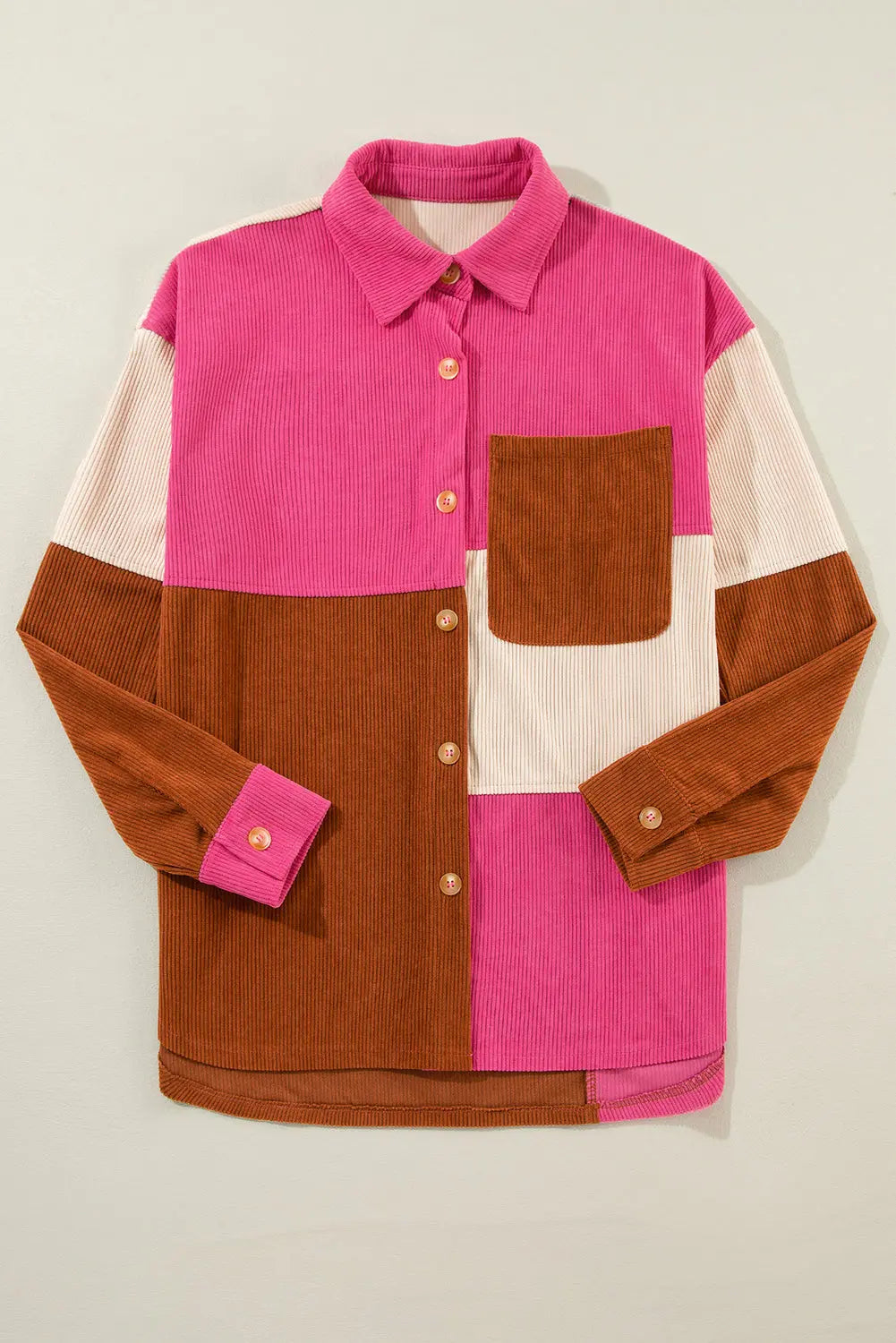 Rose Red Colourblock Curved Hem Corduroy Shacket with Pocket - eAura