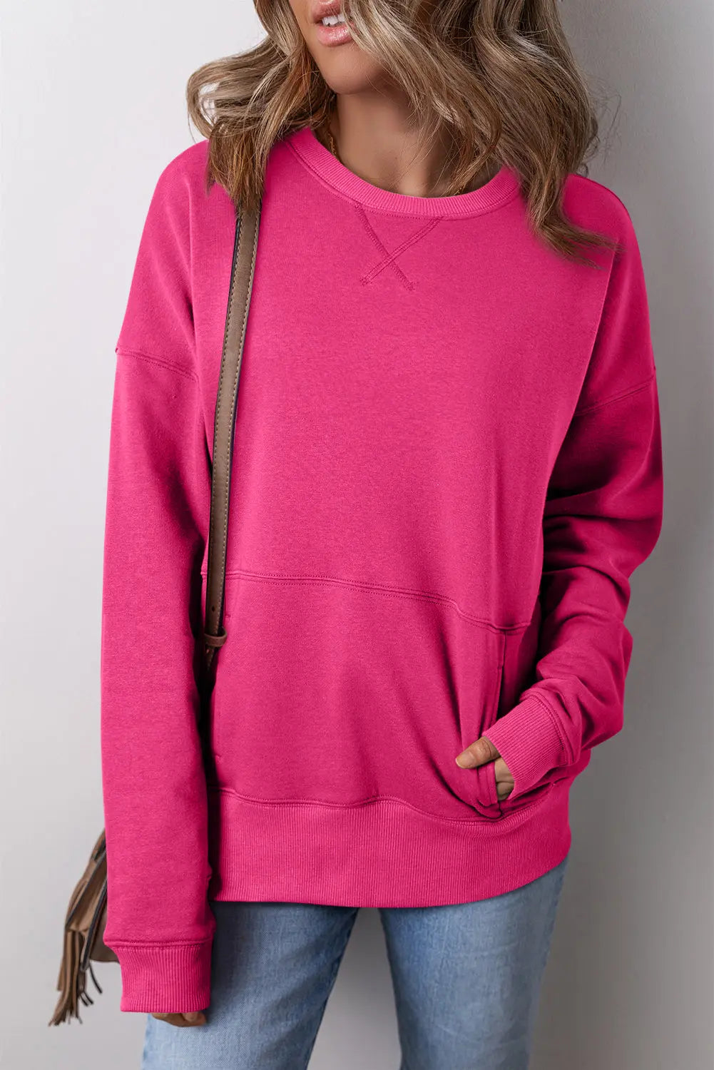 Rose Red Drop Shoulder Crisscross Stitching Pocketed Loose Sweatshirt Beagle Boutique Fashion Outlet