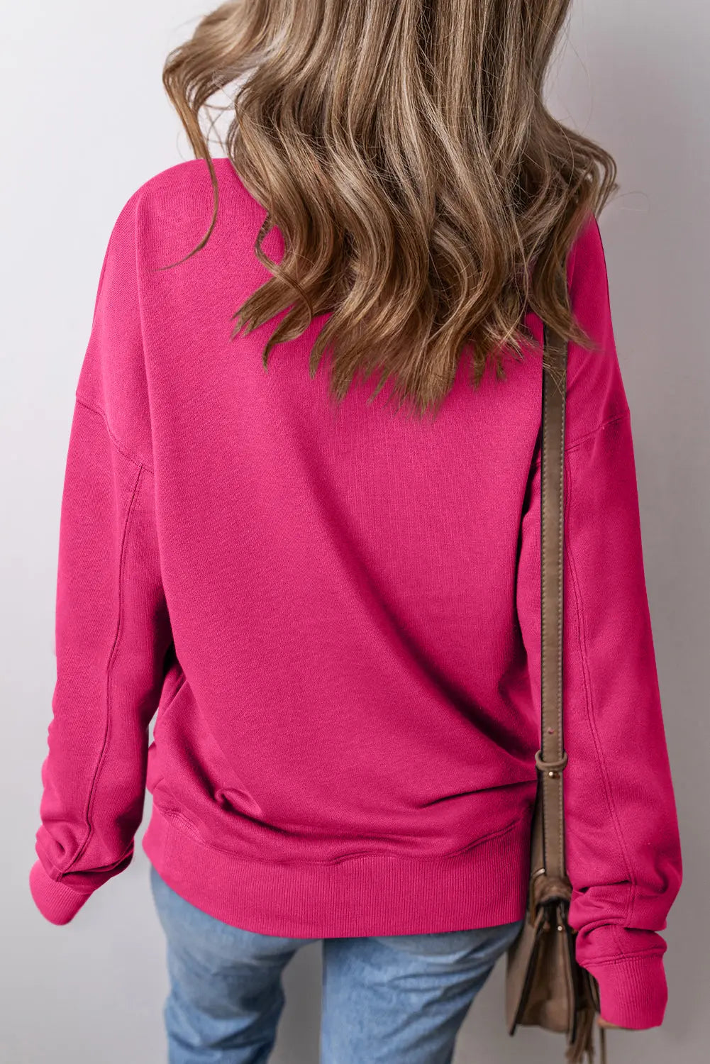 Rose Red Drop Shoulder Crisscross Stitching Pocketed Loose Sweatshirt Beagle Boutique Fashion Outlet