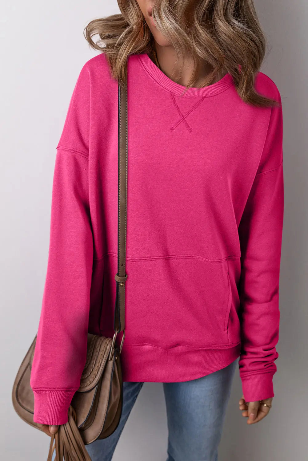 Rose Red Drop Shoulder Crisscross Stitching Pocketed Loose Sweatshirt Beagle Boutique Fashion Outlet