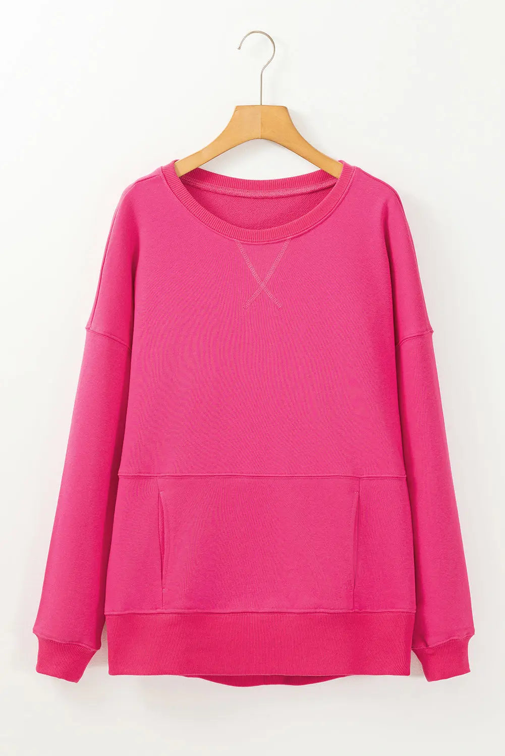 Rose Red Drop Shoulder Crisscross Stitching Pocketed Loose Sweatshirt Beagle Boutique Fashion Outlet