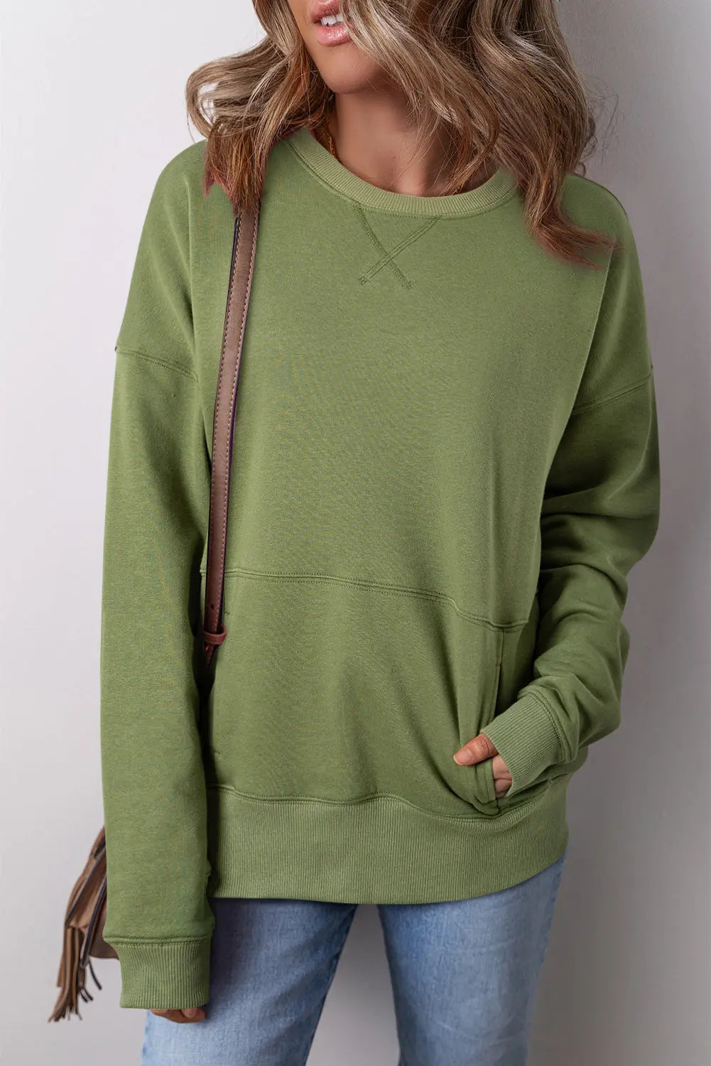 Rose Red Drop Shoulder Crisscross Stitching Pocketed Loose Sweatshirt Beagle Boutique Fashion Outlet