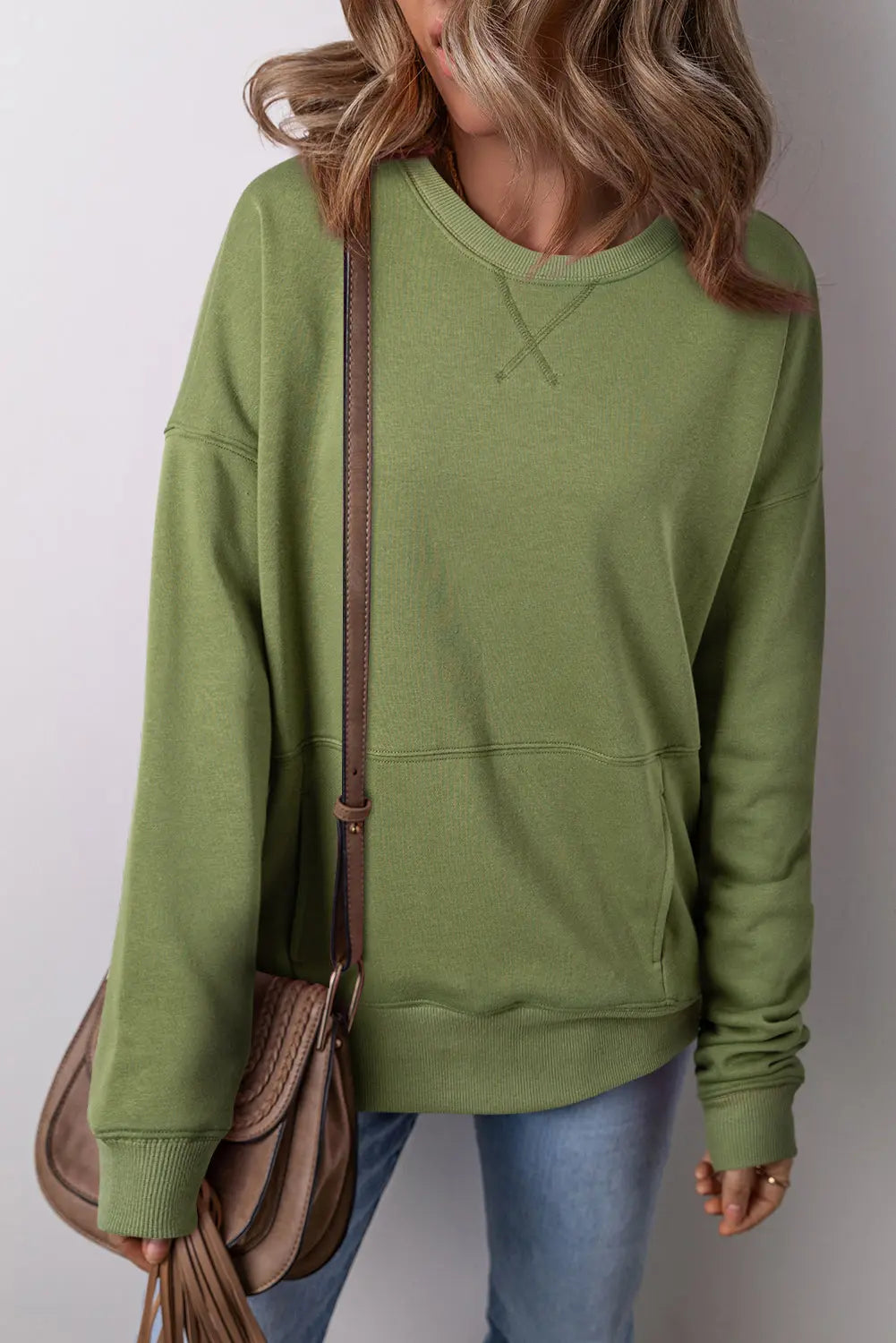 Rose Red Drop Shoulder Crisscross Stitching Pocketed Loose Sweatshirt Beagle Boutique Fashion Outlet