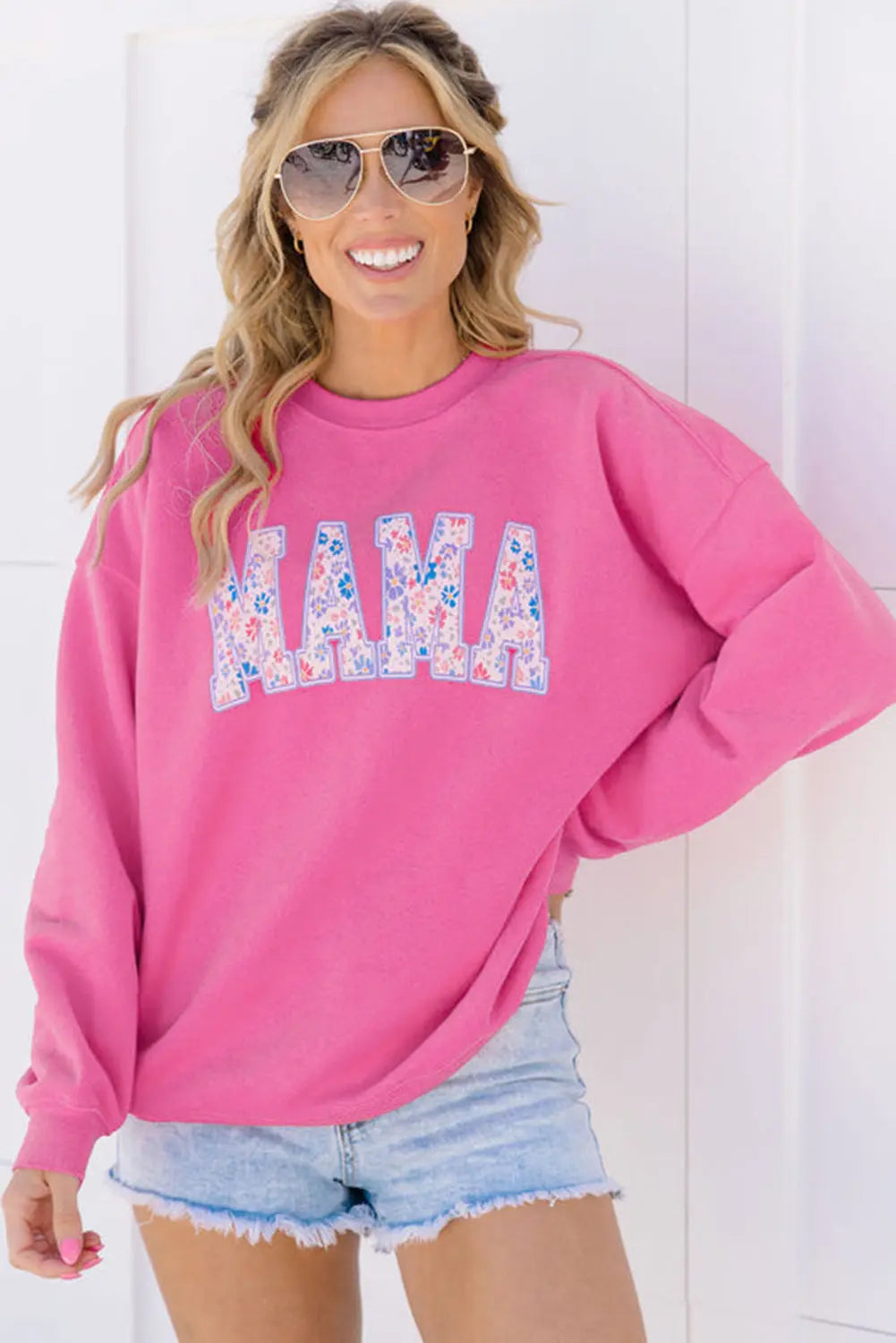 Rose Red Floral MAMA Embroidered Graphic Pullover Sweatshirt Beagle Boutique Fashion Outlet