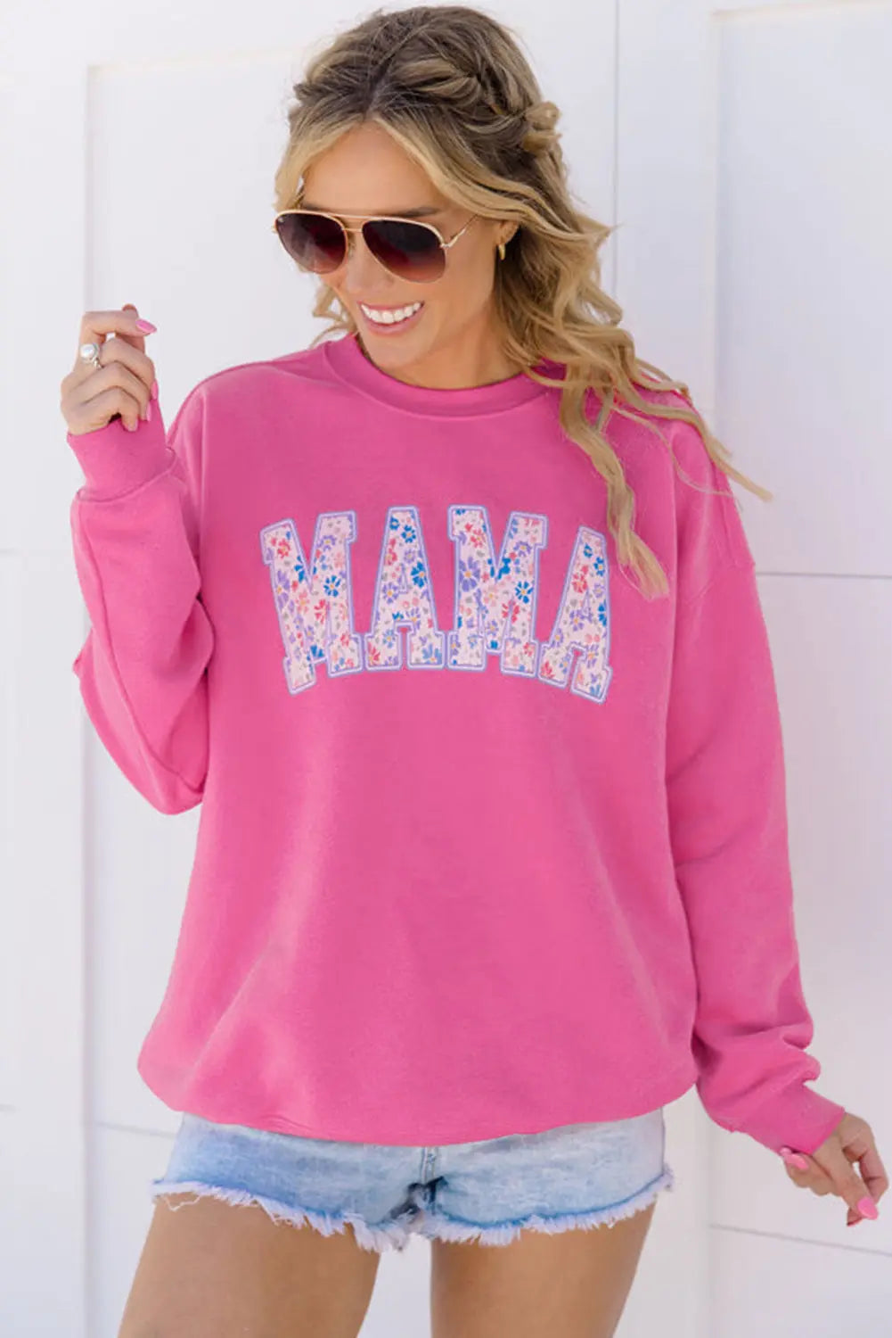 Rose Red Floral MAMA Embroidered Graphic Pullover Sweatshirt Beagle Boutique Fashion Outlet