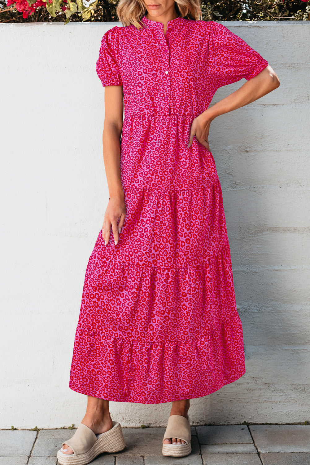 Rose Red Flower Mock Neck Puff Sleeve Tiered Maxi Dress - eAura