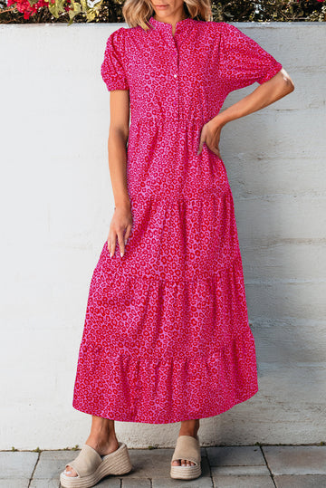 Rose Red Flower Mock Neck Puff Sleeve Tiered Maxi Dress - eAura