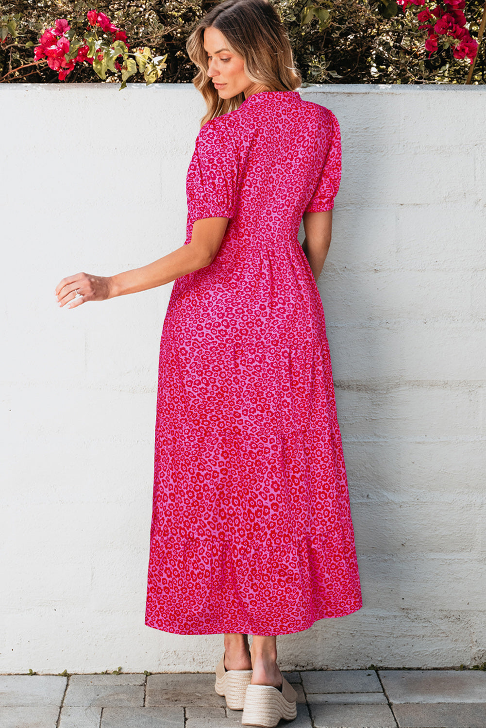Rose Red Flower Mock Neck Puff Sleeve Tiered Maxi Dress - eAura