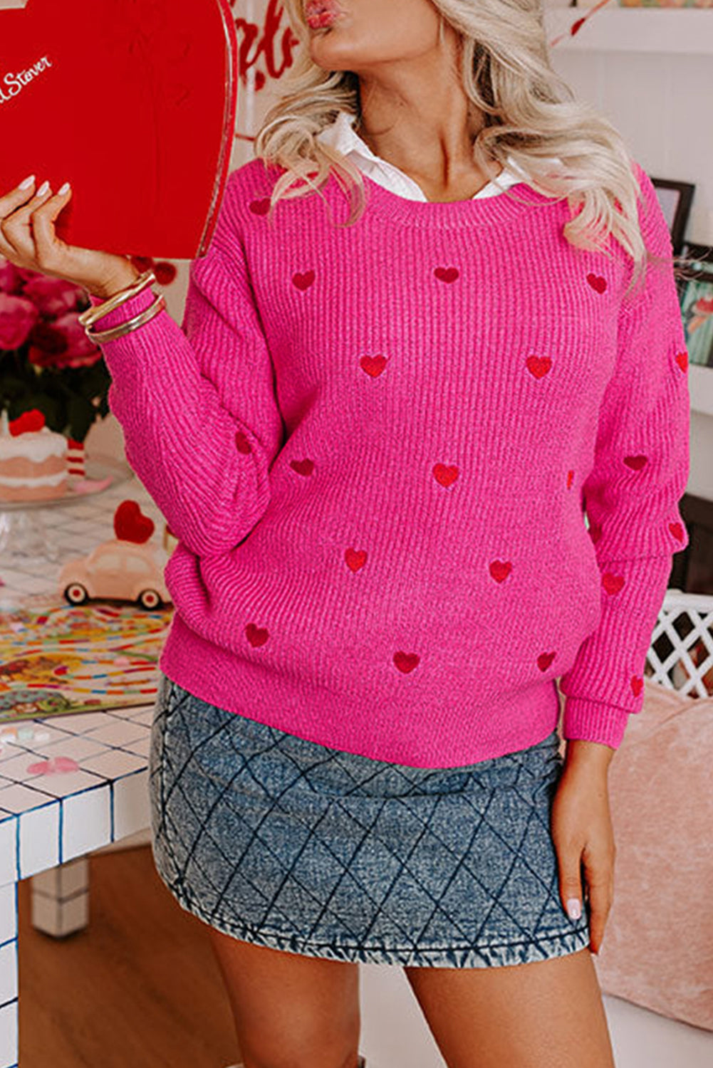 Rose Red Heart Shape Drop Shoulder Round Neck Sweater - eAura