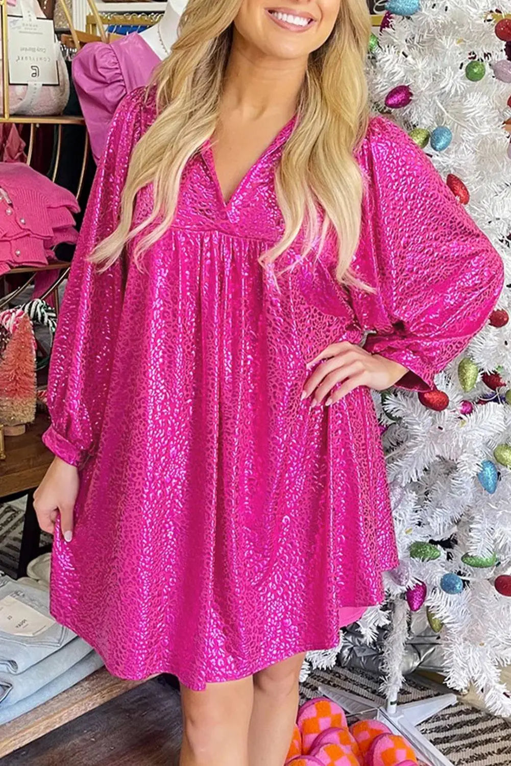 Rose Red Metallic Leopard Print Collared Babydoll Mini Dress - BB Fashion Outlet