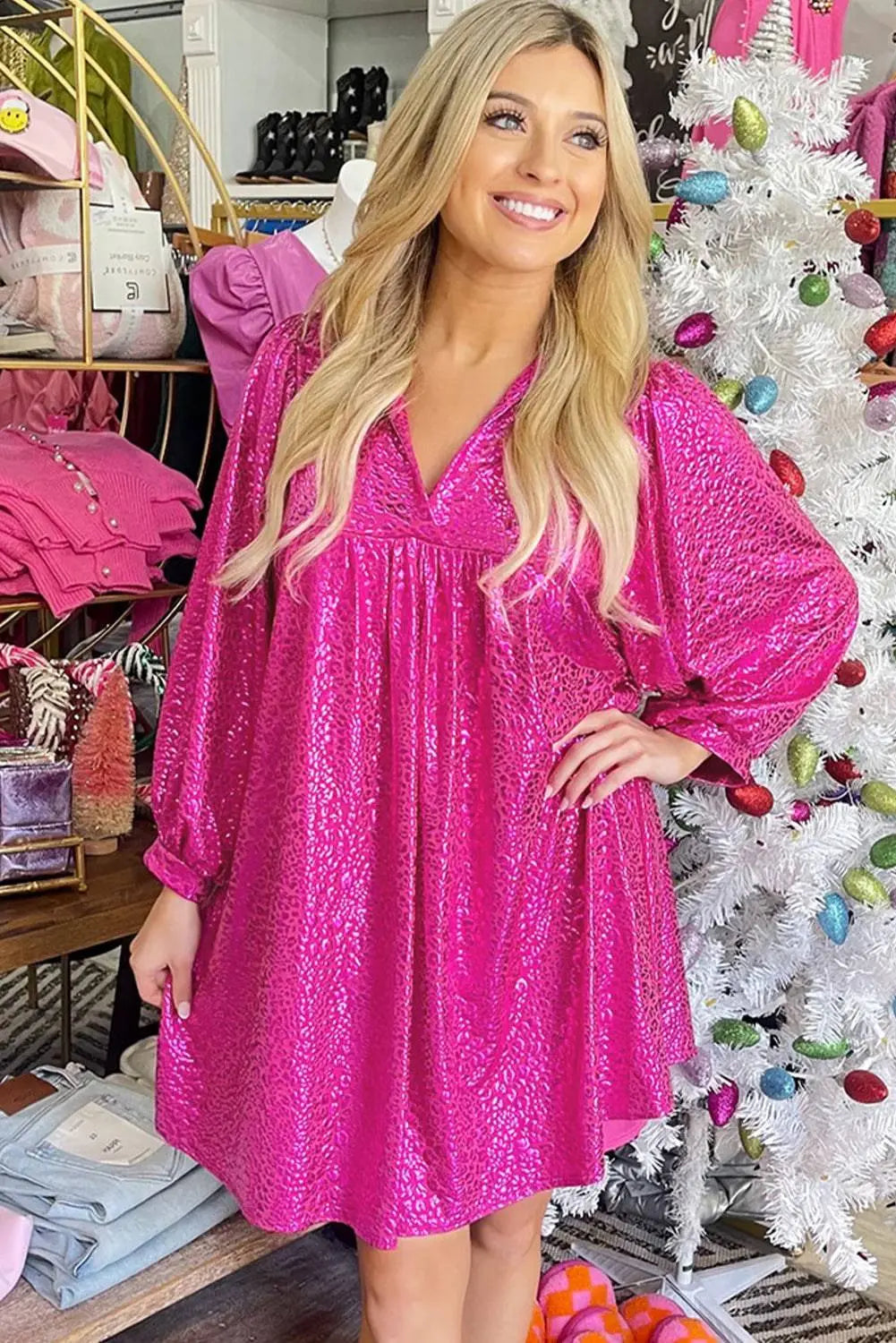 Rose Red Metallic Leopard Print Collared Babydoll Mini Dress - BB Fashion Outlet