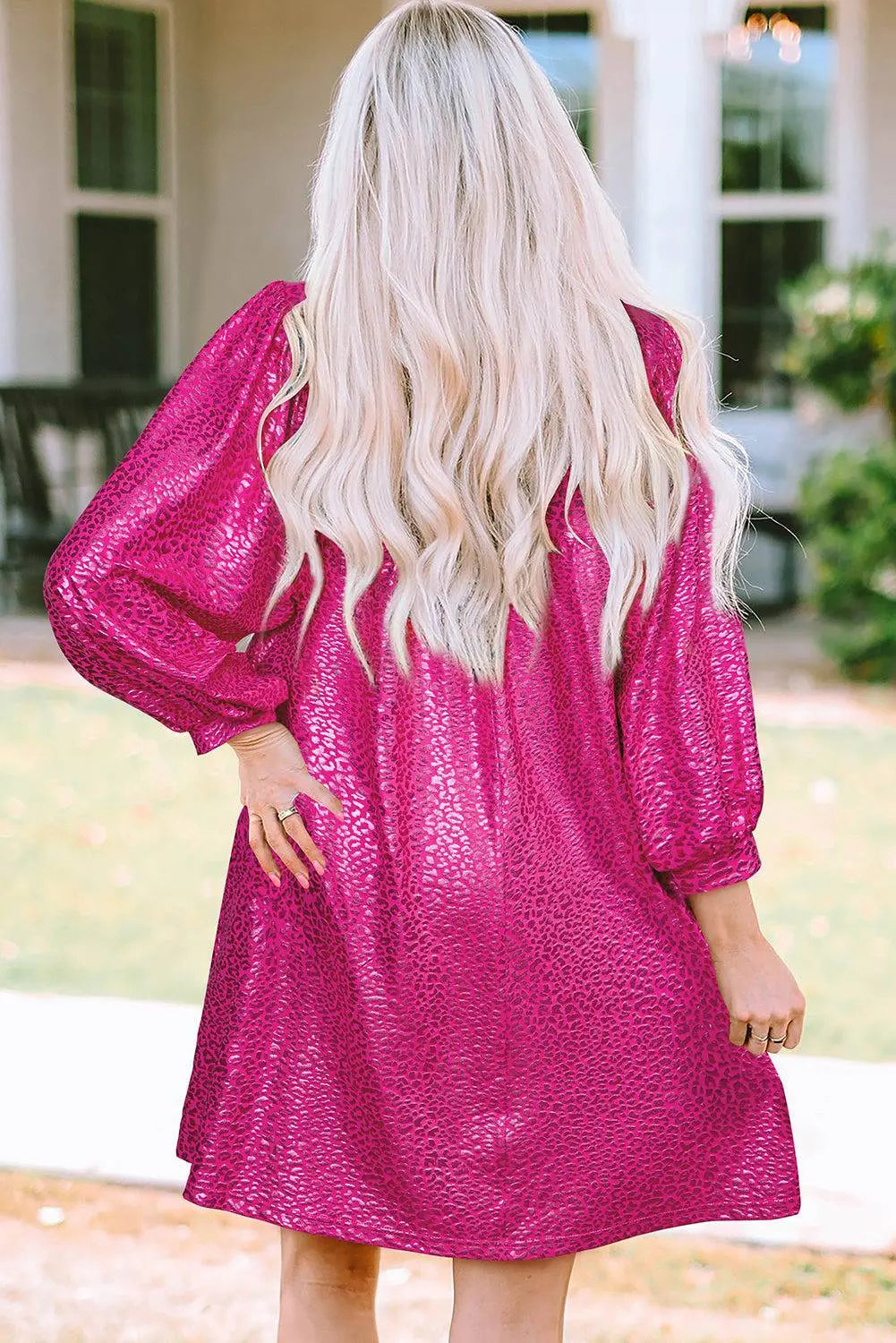 Rose Red Metallic Leopard Print Collared Babydoll Mini Dress - BB Fashion Outlet