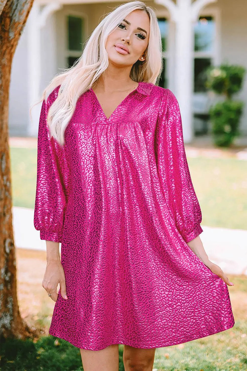 Rose Red Metallic Leopard Print Collared Babydoll Mini Dress - BB Fashion Outlet