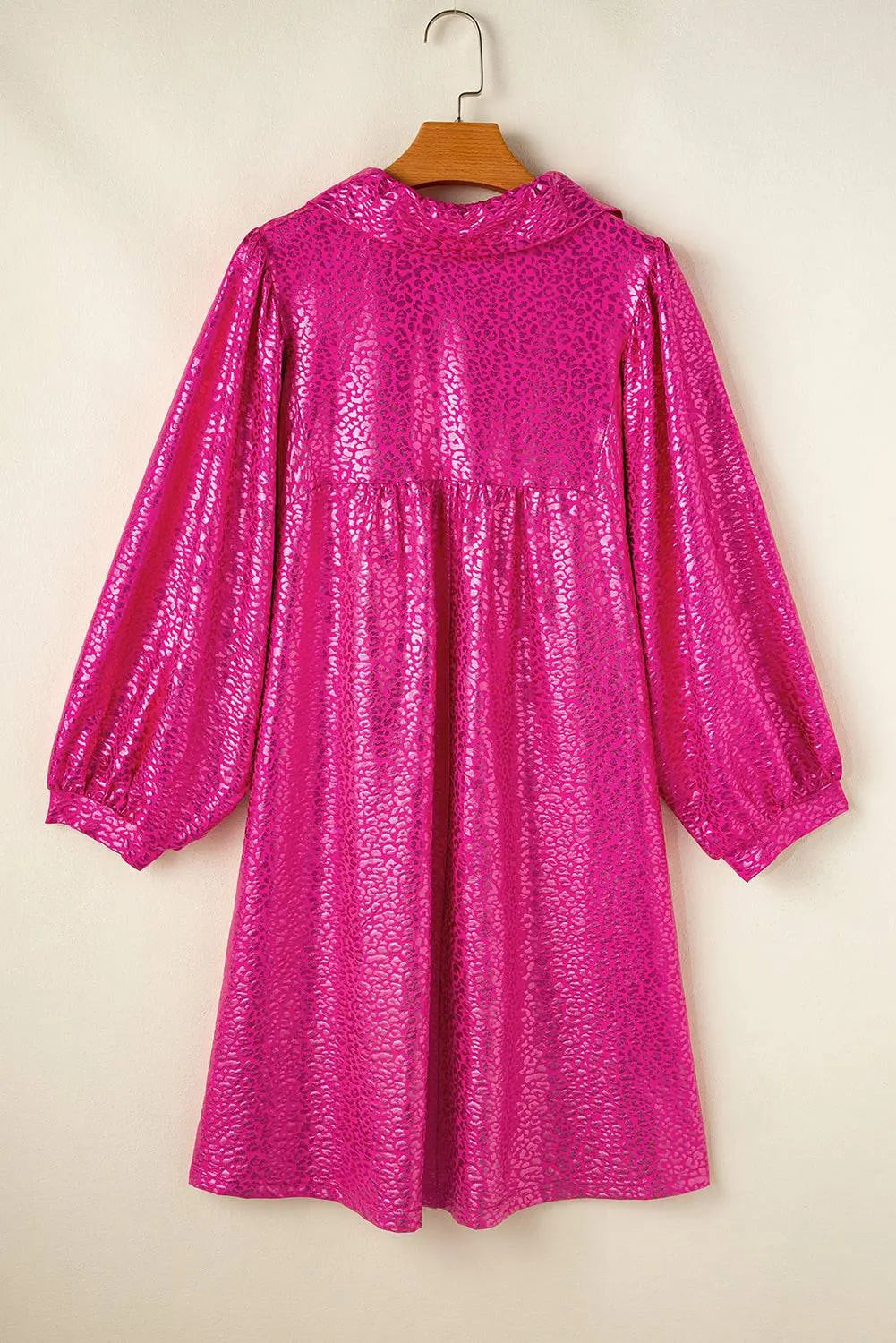 Rose Red Metallic Leopard Print Collared Babydoll Mini Dress - BB Fashion Outlet
