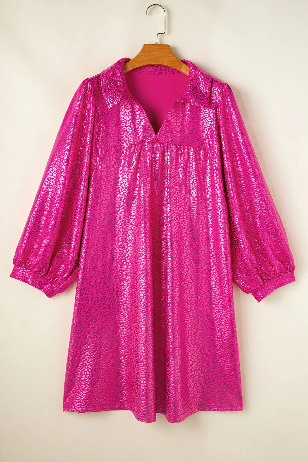 Rose Red Metallic Leopard Print Collared Babydoll Mini Dress - BB Fashion Outlet