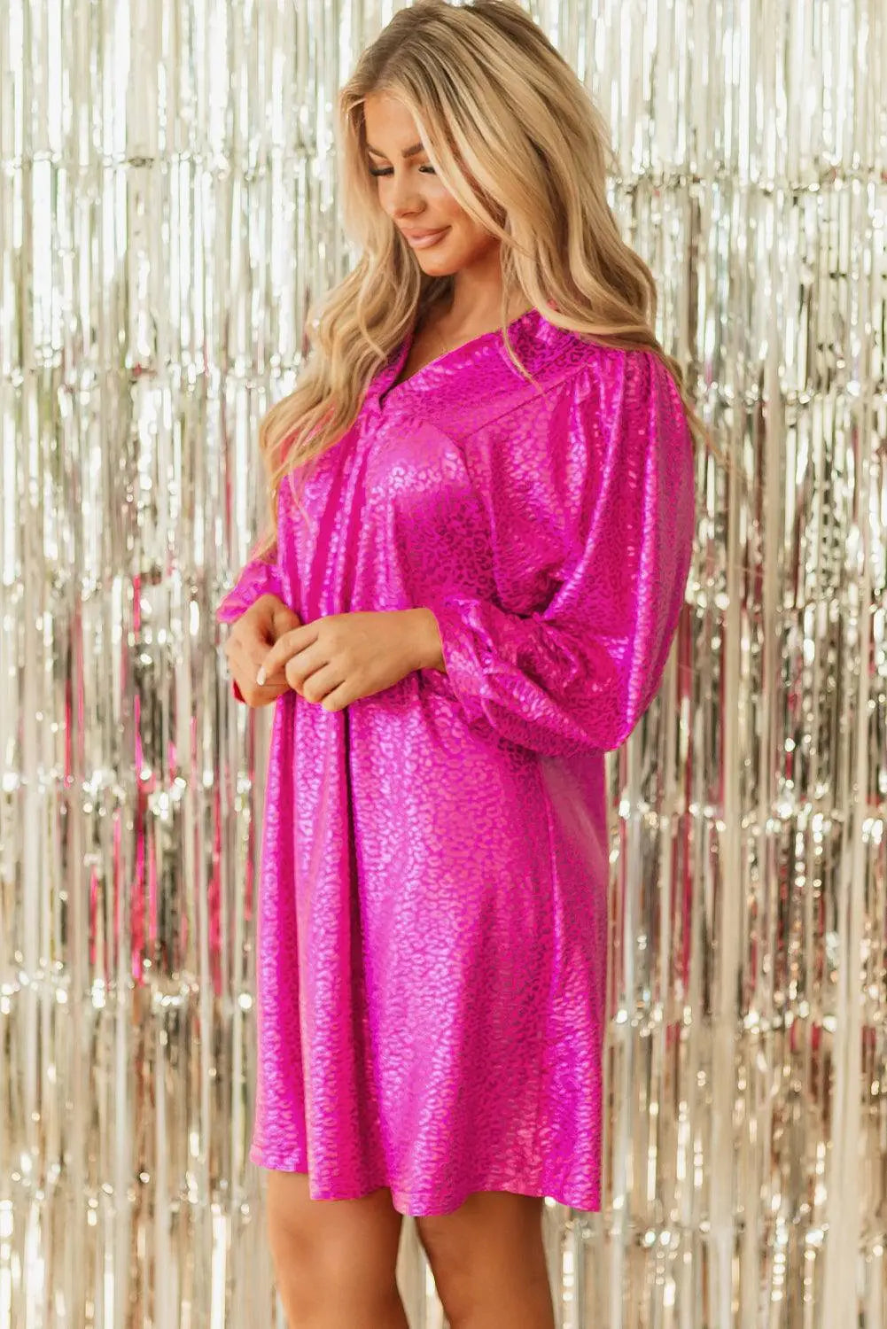 Rose Red Metallic Leopard Print Collared Babydoll Mini Dress - BB Fashion Outlet