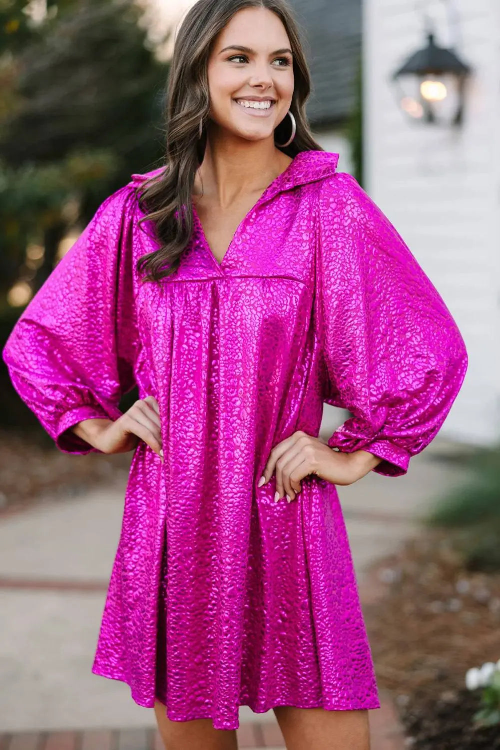 Rose Red Metallic Leopard Print Collared Babydoll Mini Dress - BB Fashion Outlet