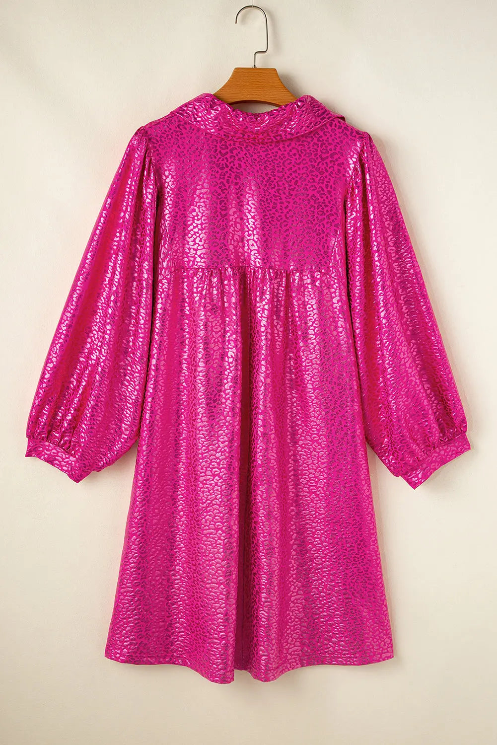 Rose Red Metallic Leopard Print Collared Babydoll Mini Dress - eAura