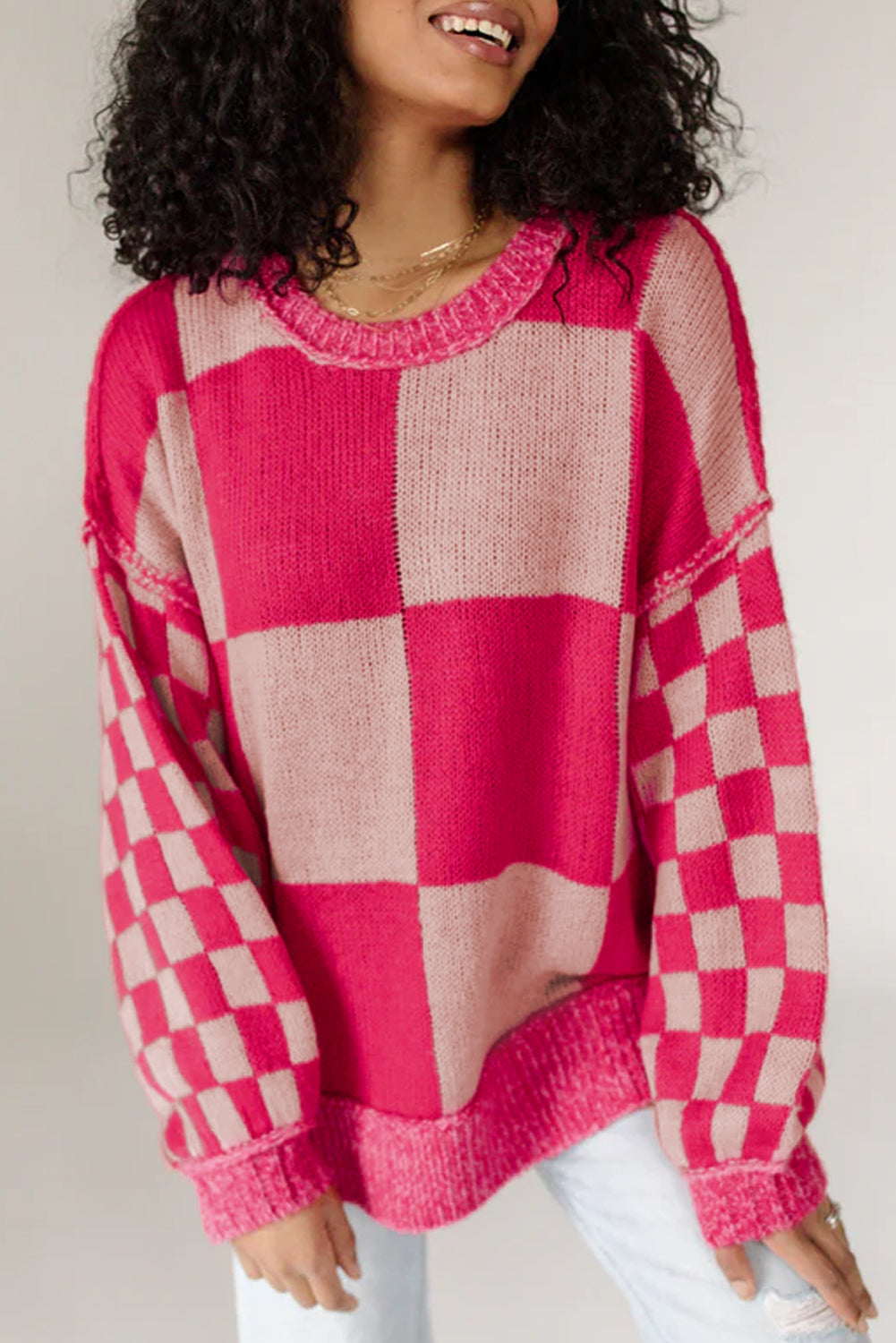 Rose Red Mixed Checkered Pattern Drop Shoulder Loose Sweater - eAura