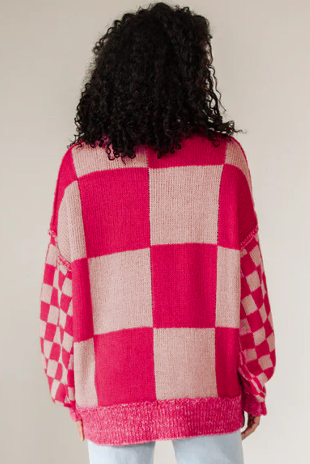 Rose Red Mixed Checkered Pattern Drop Shoulder Loose Sweater - eAura