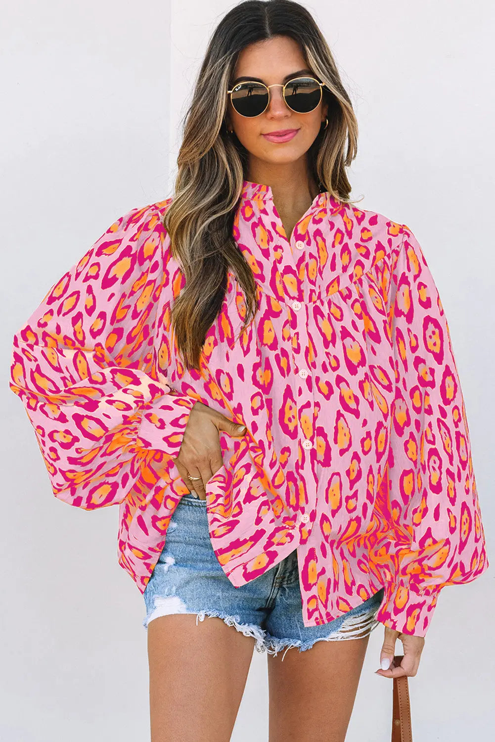 Rose Red Oversized Leopard Print Balloon Sleeve Casual Shirt - eAura