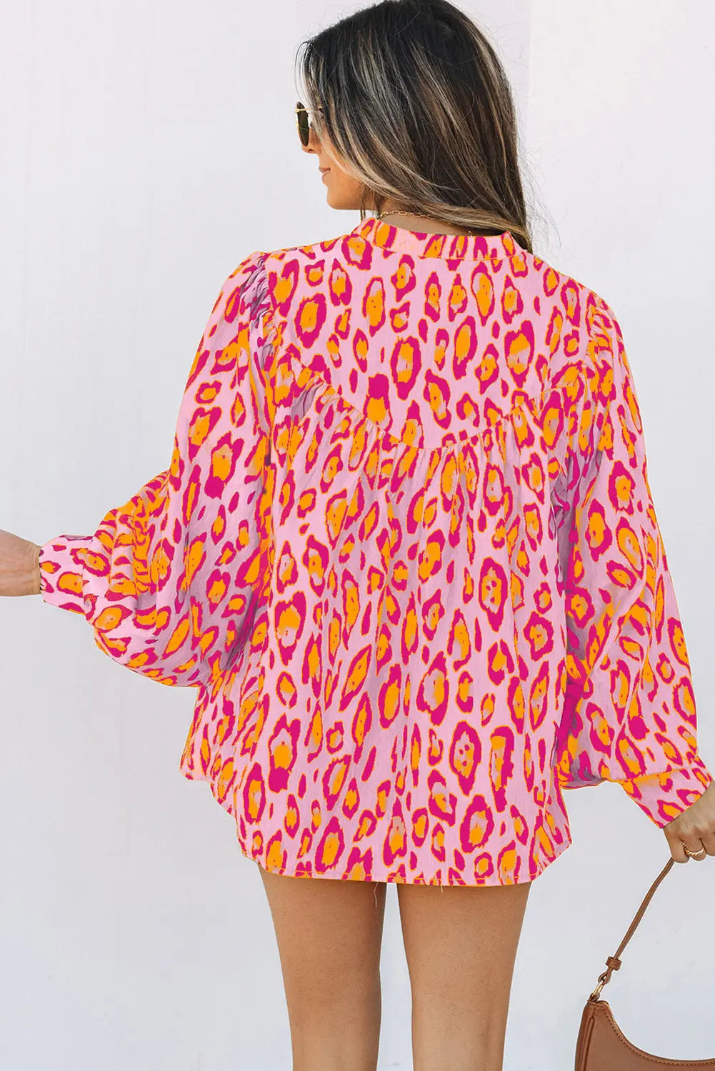 Rose Red Oversized Leopard Print Balloon Sleeve Casual Shirt - eAura
