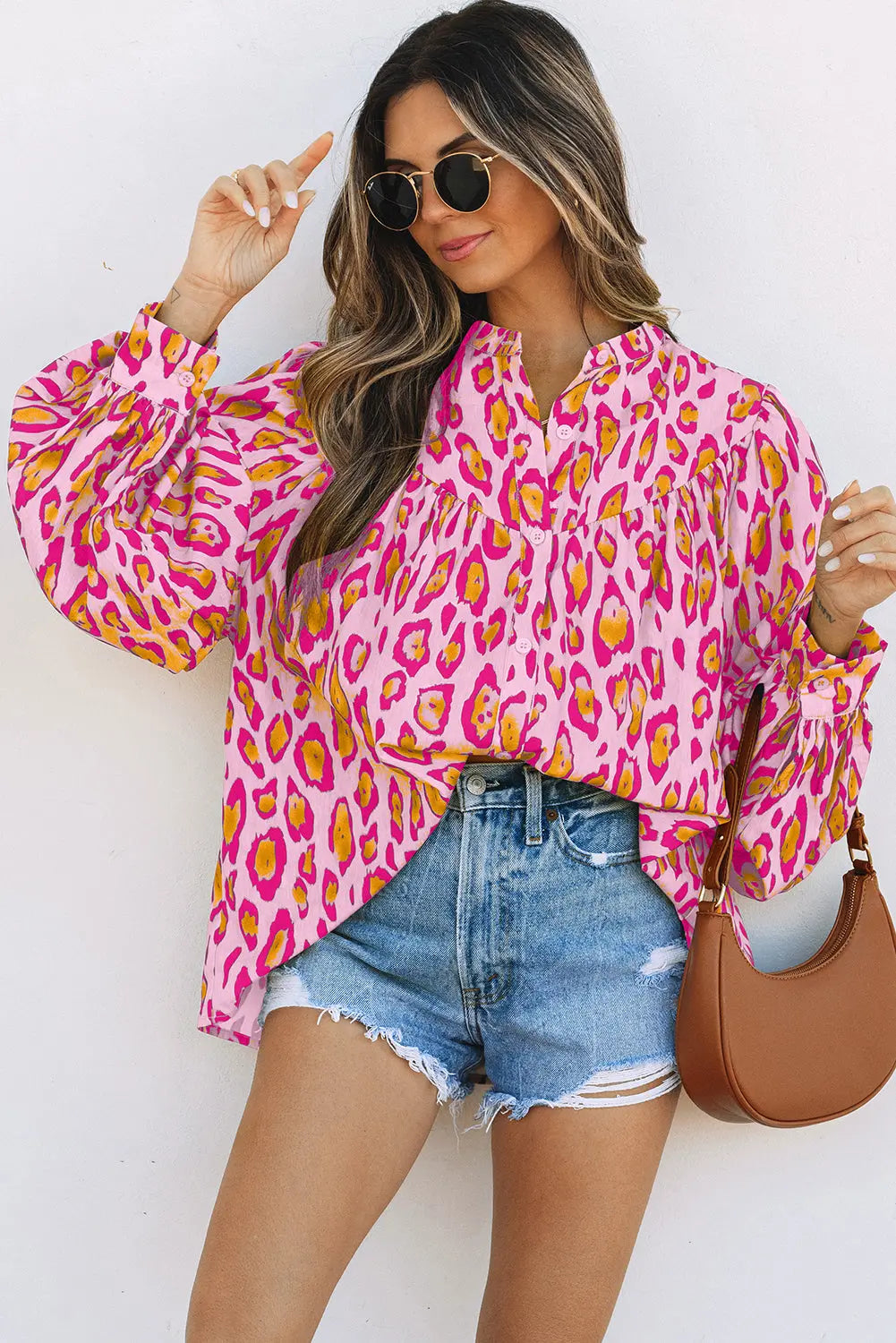 Rose Red Oversized Leopard Print Balloon Sleeve Casual Shirt - eAura