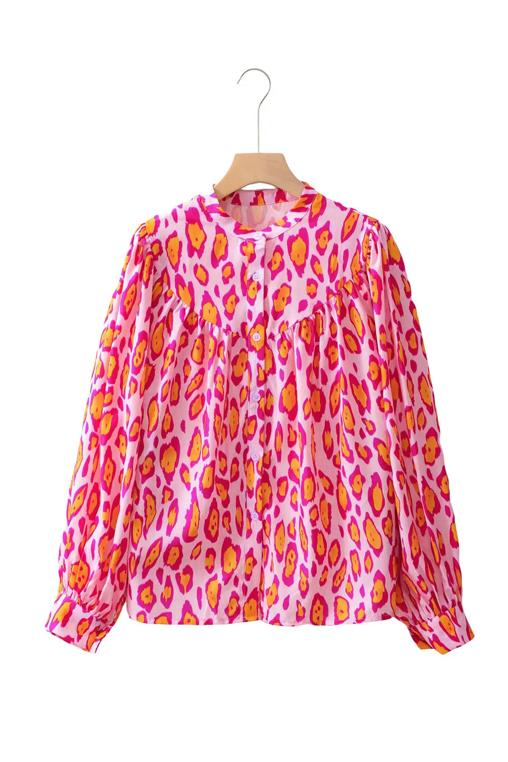 Rose Red Oversized Leopard Print Balloon Sleeve Casual Shirt - eAura