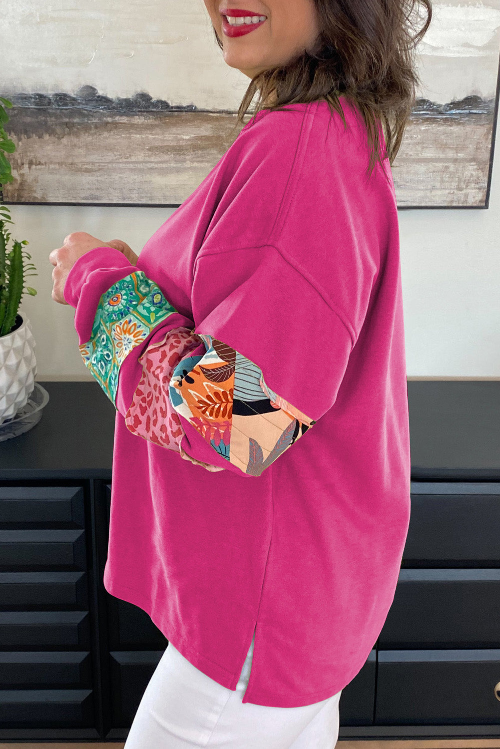 Rose Red Plus Size Printed Patchwork Sleeve Split Sweatshirt - eAura