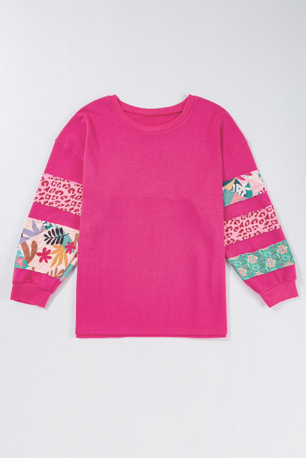 Rose Red Plus Size Printed Patchwork Sleeve Split Sweatshirt - eAura