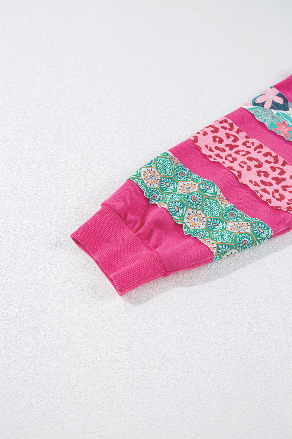 Rose Red Plus Size Printed Patchwork Sleeve Split Sweatshirt - eAura