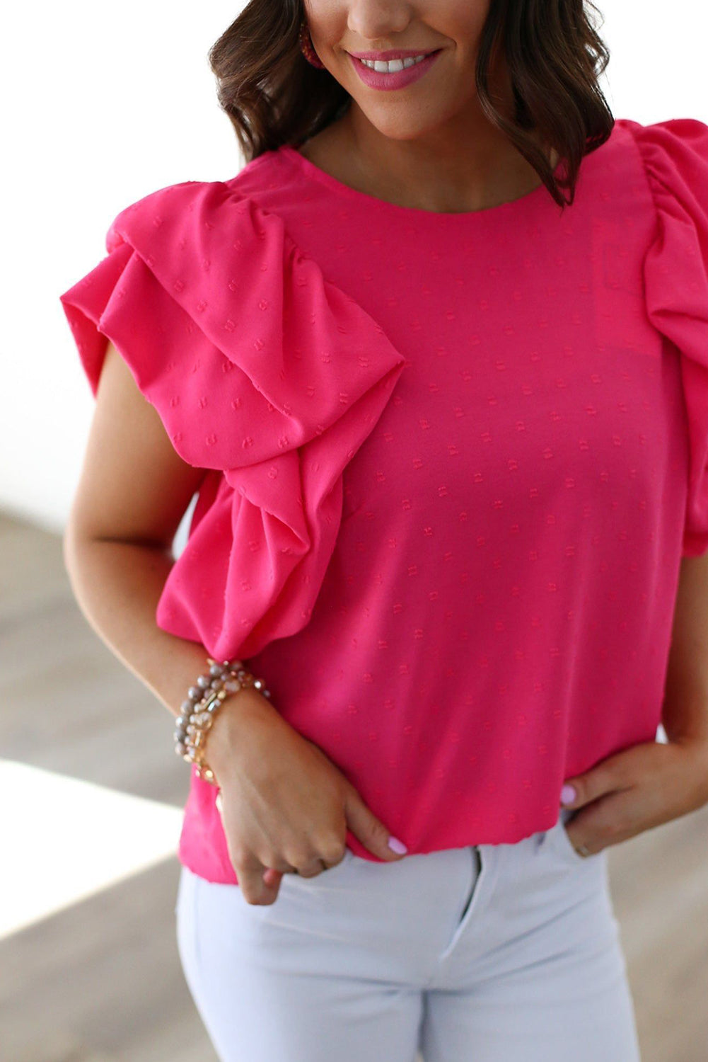 Rose Red Ruffled Sleeve Swiss Dot Blouse - eAura