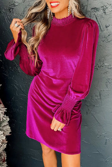 Rose Red Smocked Mock Neck Ruffled Puff Sleeve Velvet Mini Dress Beagle Boutique Fashion Outlet