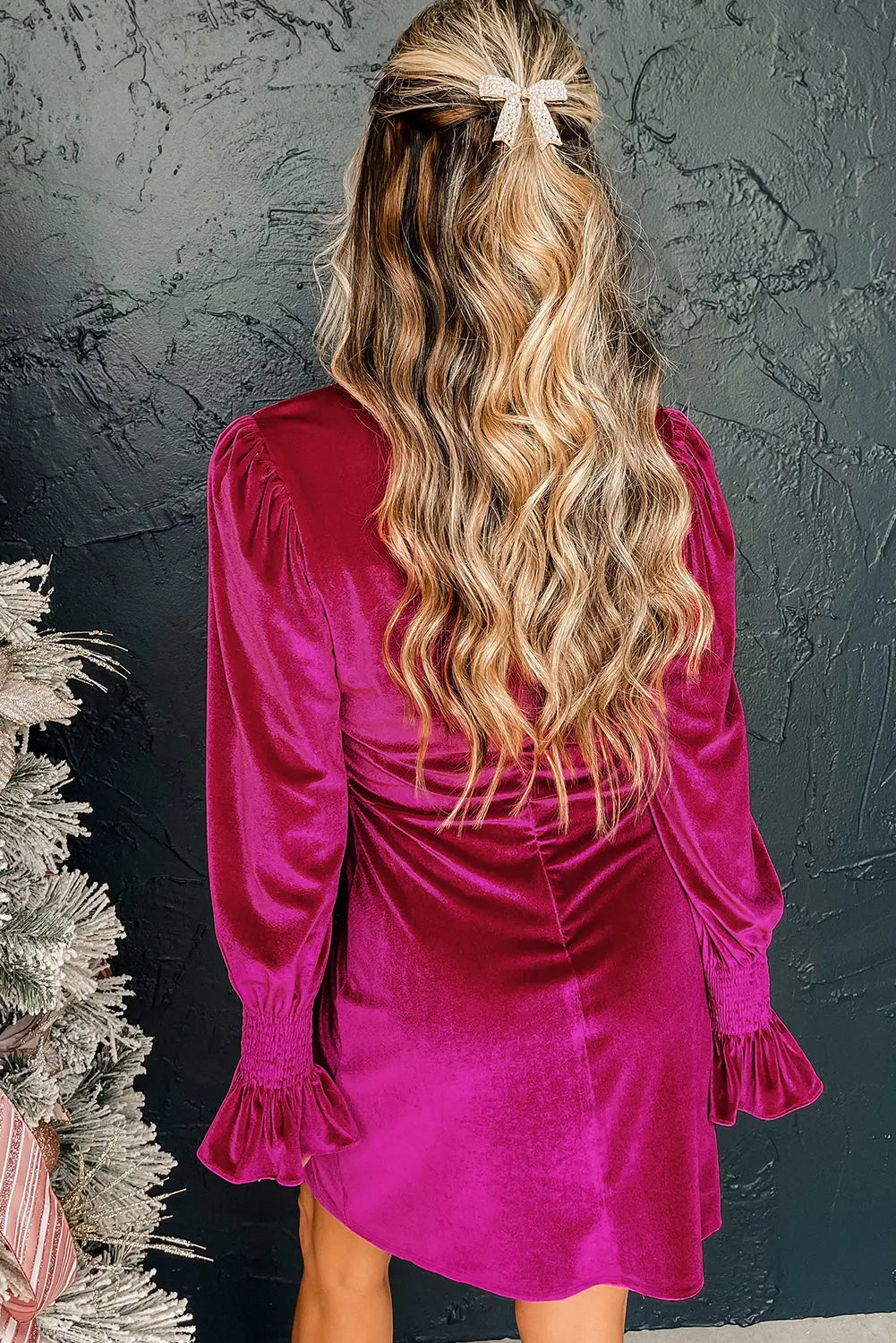 Rose Red Smocked Mock Neck Ruffled Puff Sleeve Velvet Mini Dress Beagle Boutique Fashion Outlet