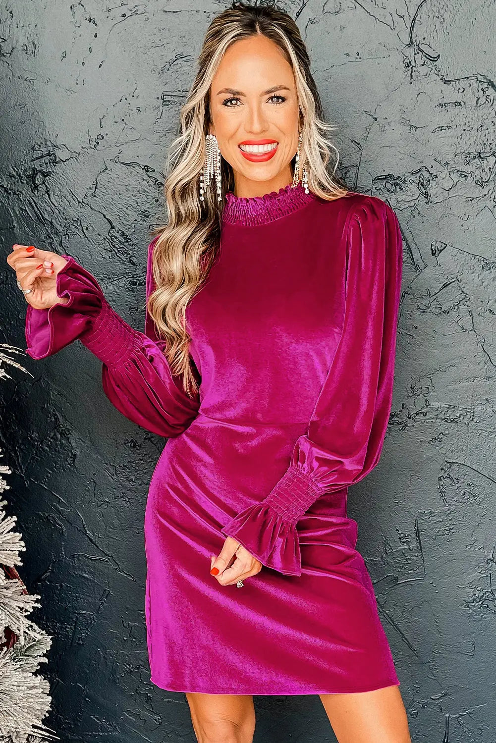 Rose Red Smocked Mock Neck Ruffled Puff Sleeve Velvet Mini Dress Beagle Boutique Fashion Outlet