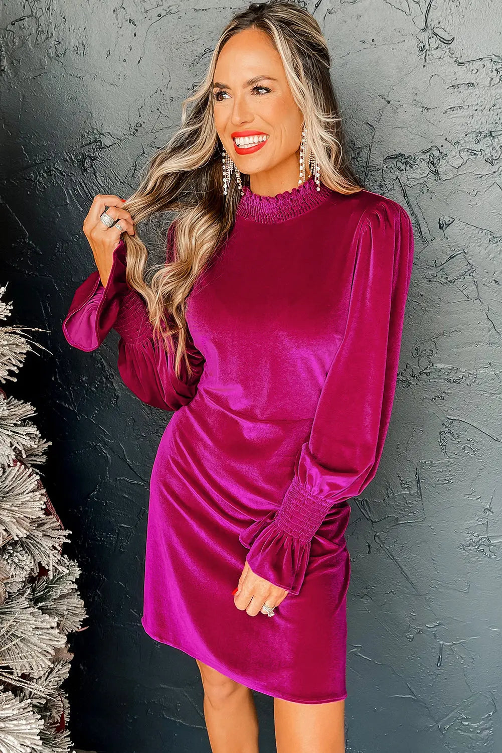 Rose Red Smocked Mock Neck Ruffled Puff Sleeve Velvet Mini Dress Beagle Boutique Fashion Outlet