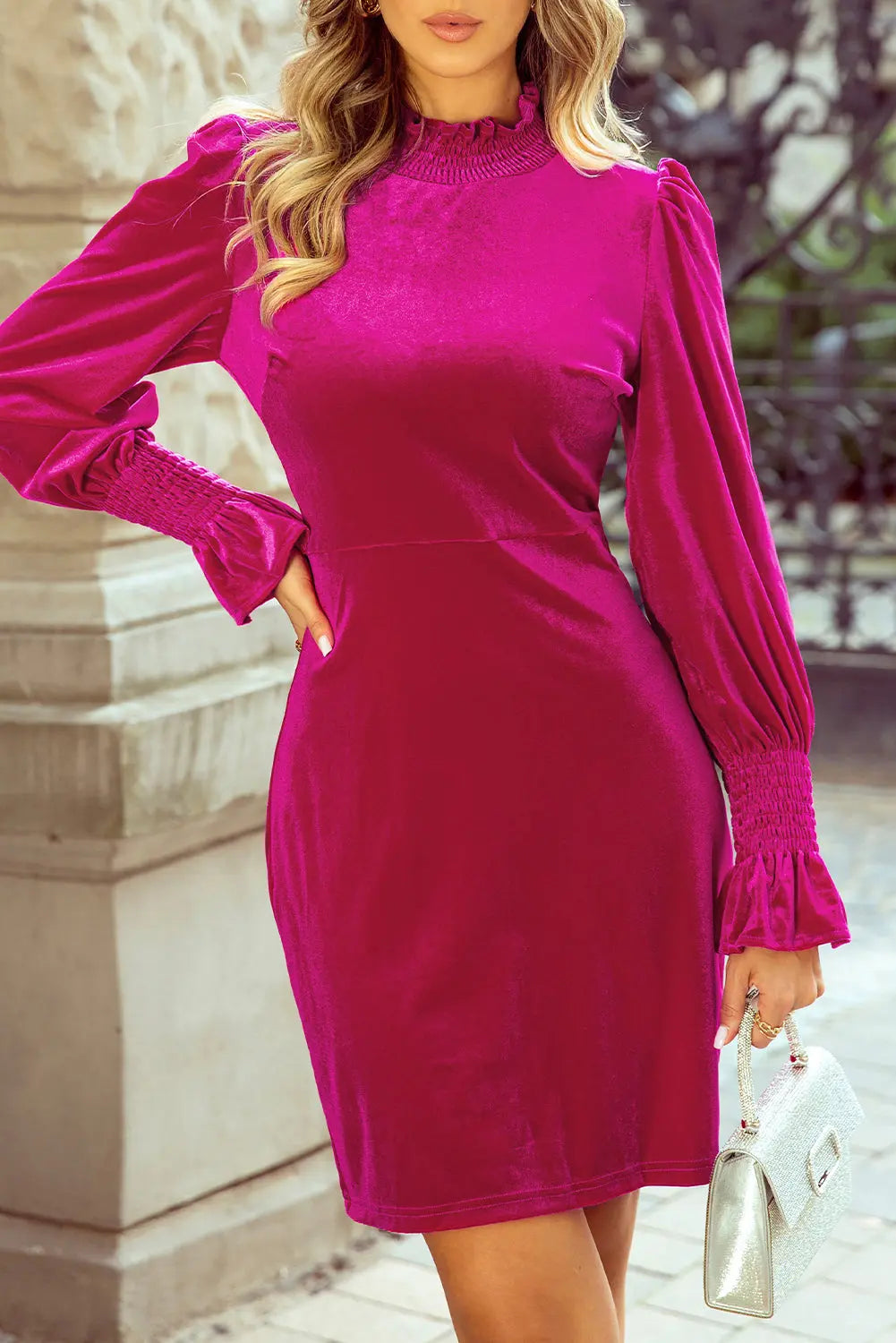 Rose Red Smocked Mock Neck Ruffled Puff Sleeve Velvet Mini Dress Beagle Boutique Fashion Outlet