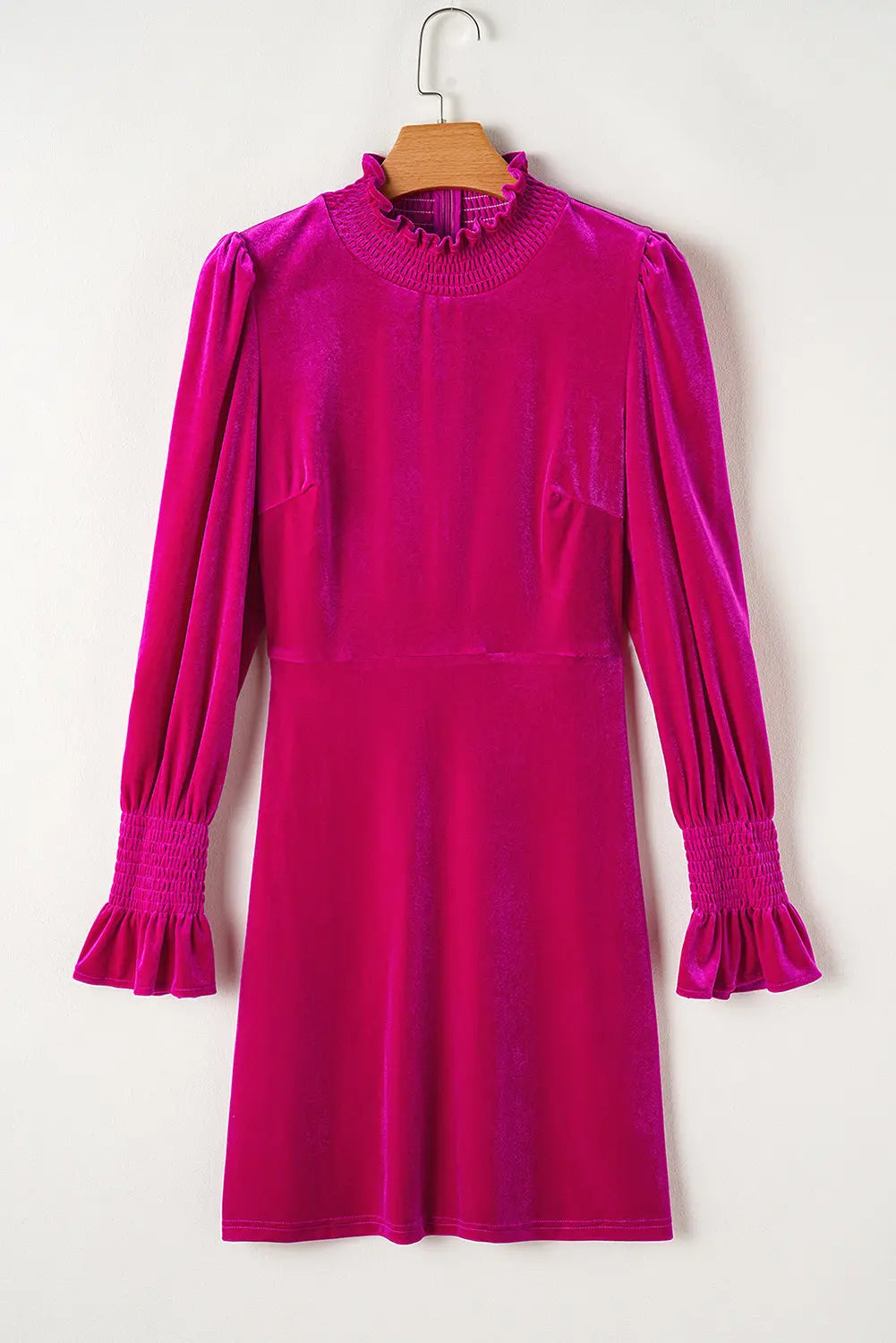 Rose Red Smocked Mock Neck Ruffled Puff Sleeve Velvet Mini Dress Beagle Boutique Fashion Outlet