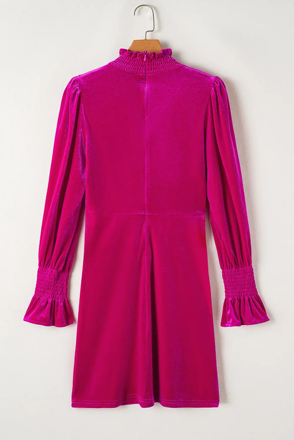 Rose Red Smocked Mock Neck Ruffled Puff Sleeve Velvet Mini Dress Beagle Boutique Fashion Outlet