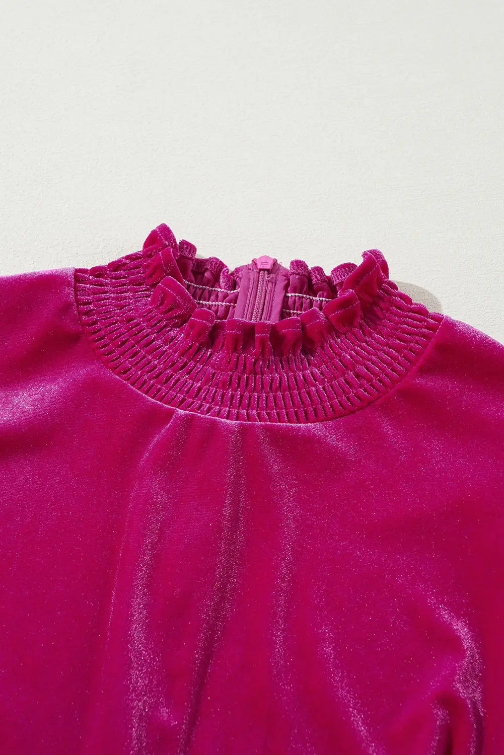 Rose Red Smocked Mock Neck Ruffled Puff Sleeve Velvet Mini Dress Beagle Boutique Fashion Outlet