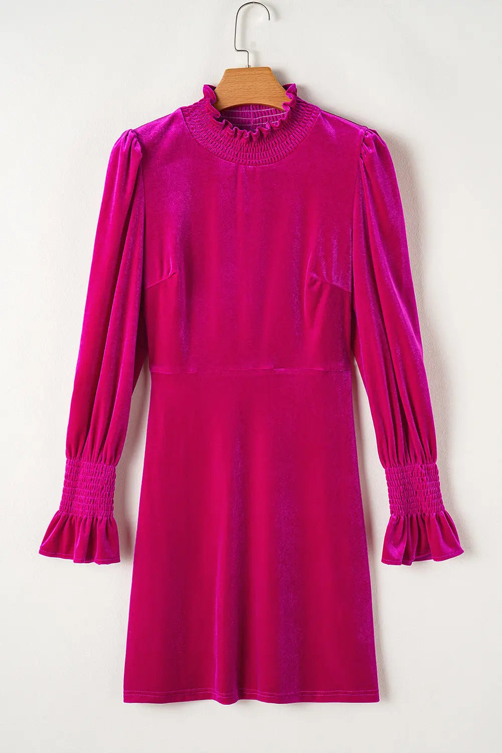 Rose Red Smocked Mock Neck Ruffled Puff Sleeve Velvet Mini Dress Beagle Boutique Fashion Outlet