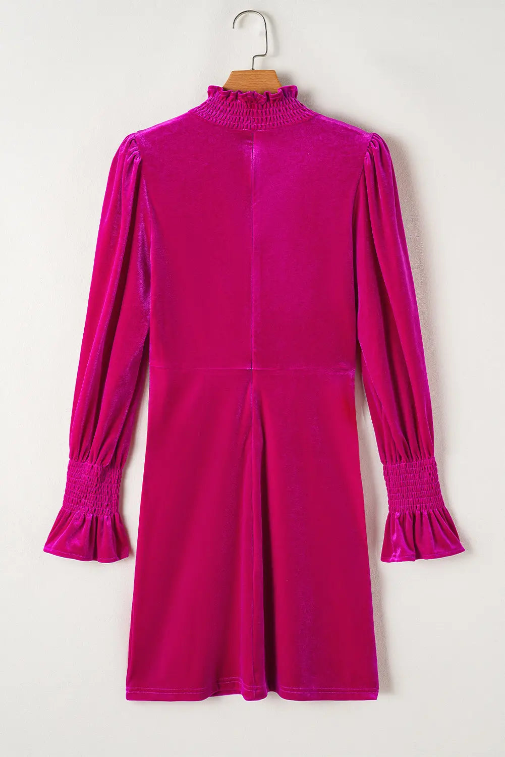 Rose Red Smocked Mock Neck Ruffled Puff Sleeve Velvet Mini Dress Beagle Boutique Fashion Outlet