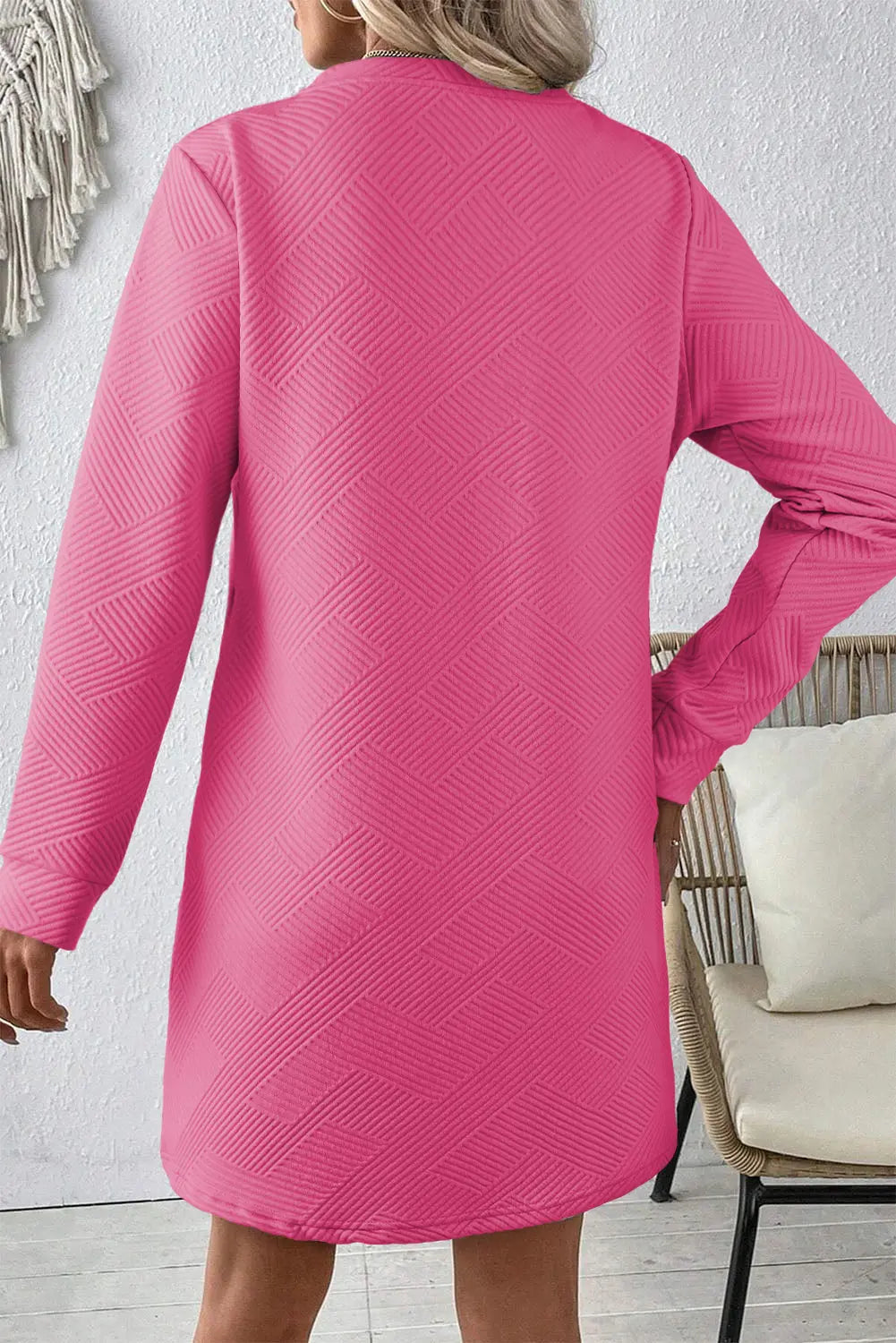 Rose Red Solid Colour Textured Long Sleeve Shift Dress Beagle Boutique Fashion Outlet