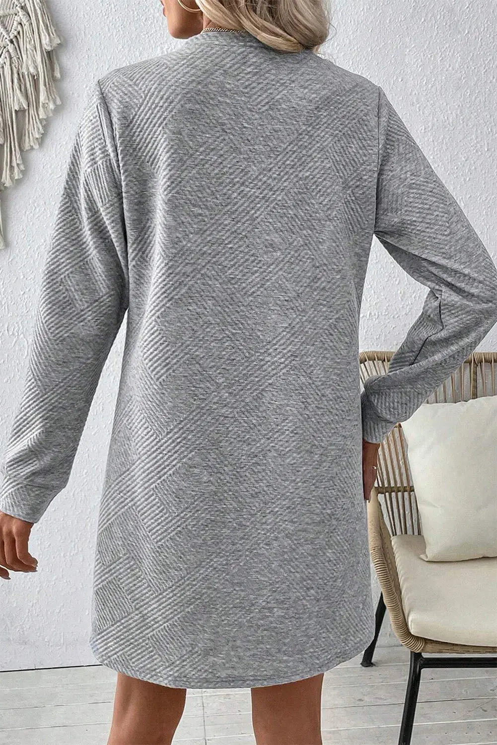 Rose Red Solid Colour Textured Long Sleeve Shift Dress Beagle Boutique Fashion Outlet