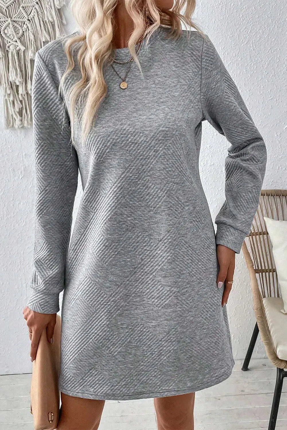 Rose Red Solid Colour Textured Long Sleeve Shift Dress Beagle Boutique Fashion Outlet