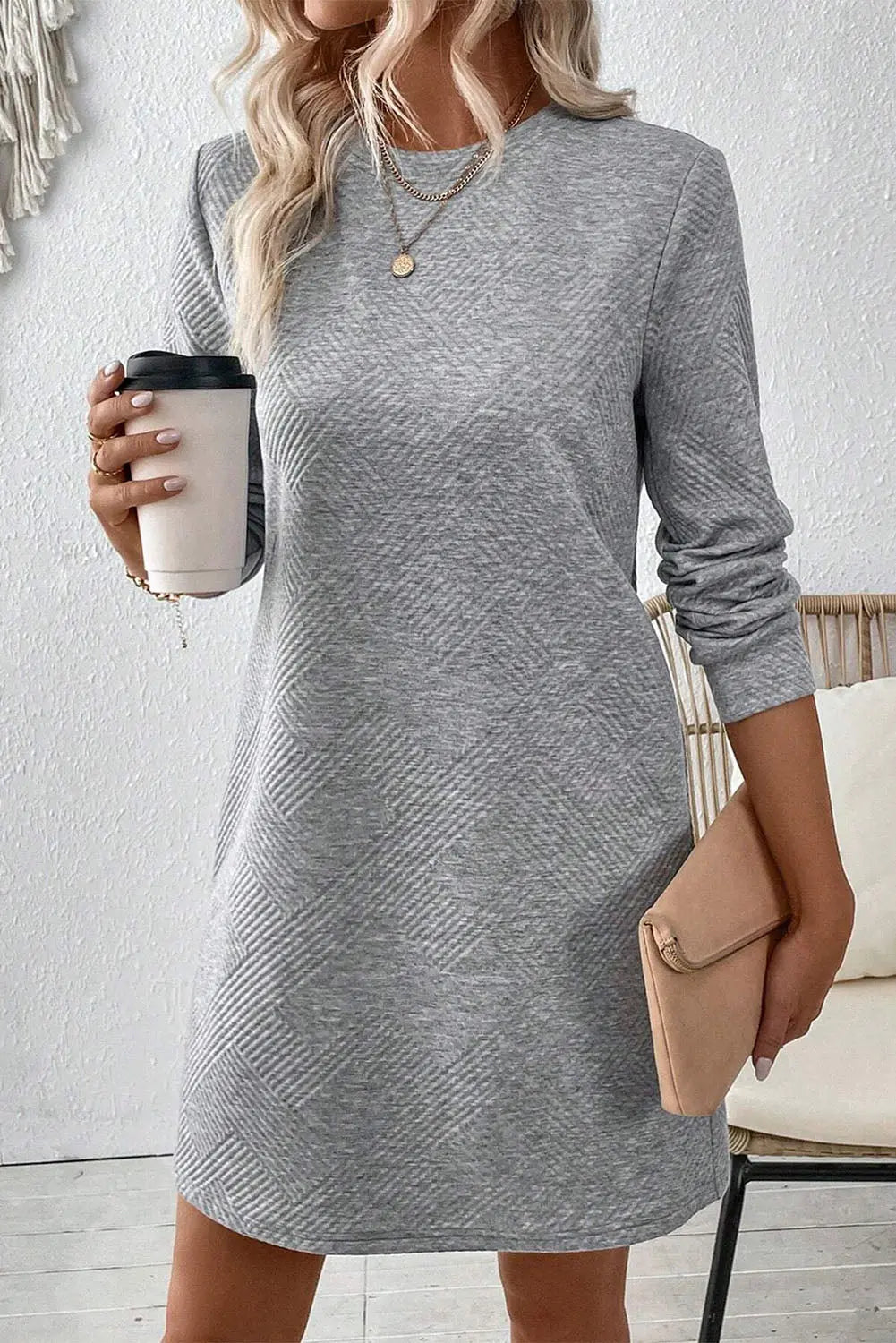 Rose Red Solid Colour Textured Long Sleeve Shift Dress Beagle Boutique Fashion Outlet