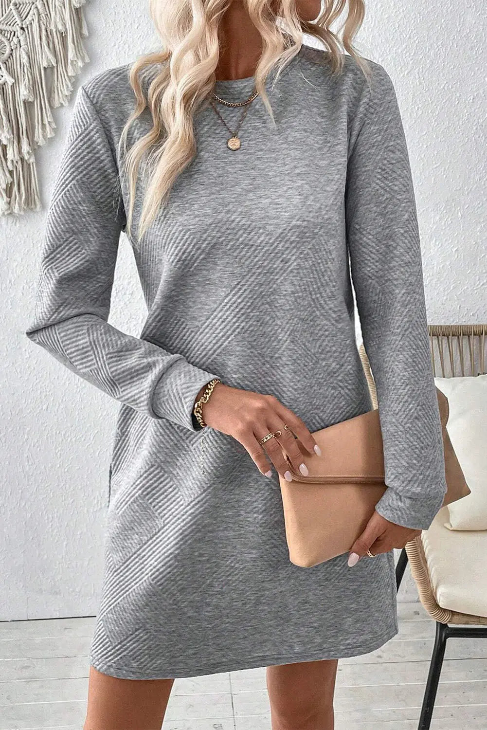 Rose Red Solid Colour Textured Long Sleeve Shift Dress Beagle Boutique Fashion Outlet